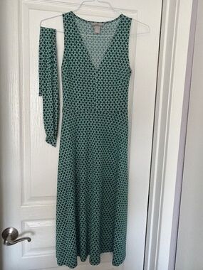 H&M Green Midi Dress | Size XS | Geometric Print | Tie Waist